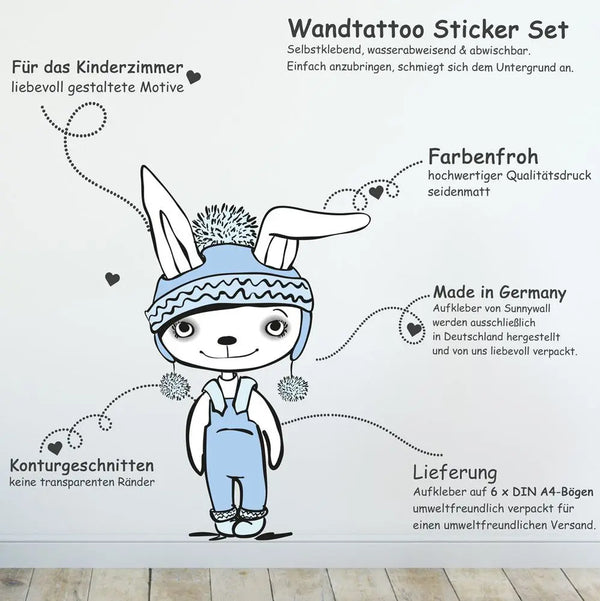 Cool Rabbit Hasen - Wandtattoo Kinderzimmer Baby Wandaufkleber Sunnywall