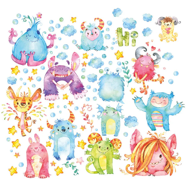 Crazy Monster Watercolor Wandtattoo XXL Set | Kinderzimmer Aufkleber bunt Wanddeko Sunnywall
