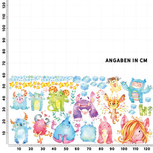 Crazy Monster Watercolor Wandtattoo XXL Set | Kinderzimmer Aufkleber bunt Wanddeko Sunnywall