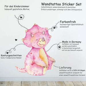 Dino Kids - Dinosaurier Wandtattoo Kinderzimmer Baby Wandaufkleber - 6 x A4 Set Sunnywall