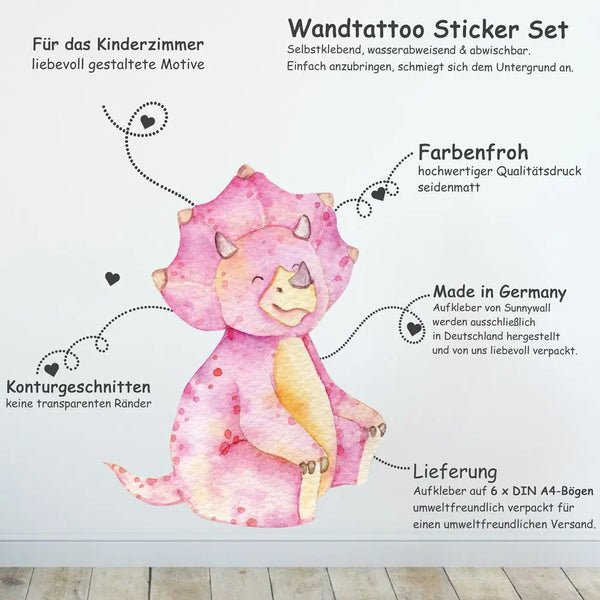 Dino Kids - Dinosaurier Wandtattoo Kinderzimmer Baby Wandaufkleber - 6 x A4 Set Sunnywall