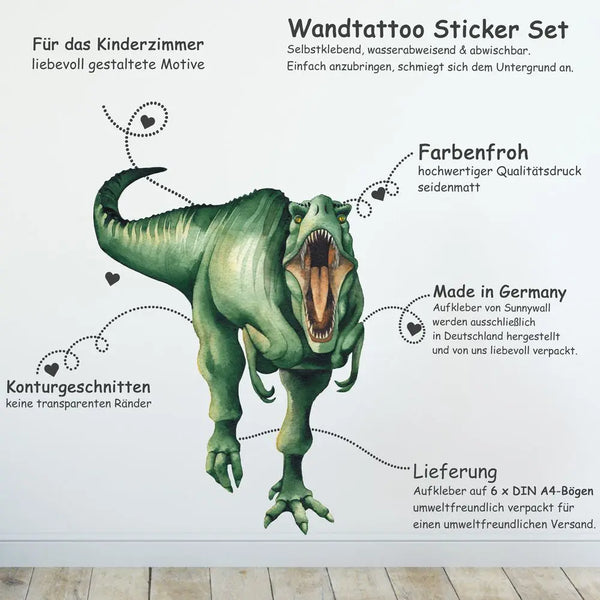 Dinosaurier Real - Wandtattoo Kinderzimmer Baby Wandaufkleber - 6 x A4 Set Sunnywall