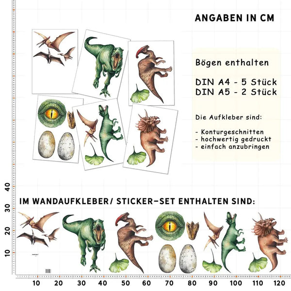 Dinosaurier Real - Wandtattoo Kinderzimmer Baby Wandaufkleber - 6 x A4 Set Sunnywall