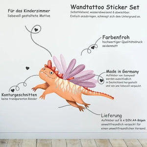 Drachen Charaktere - Wandtattoo Kinderzimmer Baby Wandaufkleber - 6 x A4 Set Sunnywall
