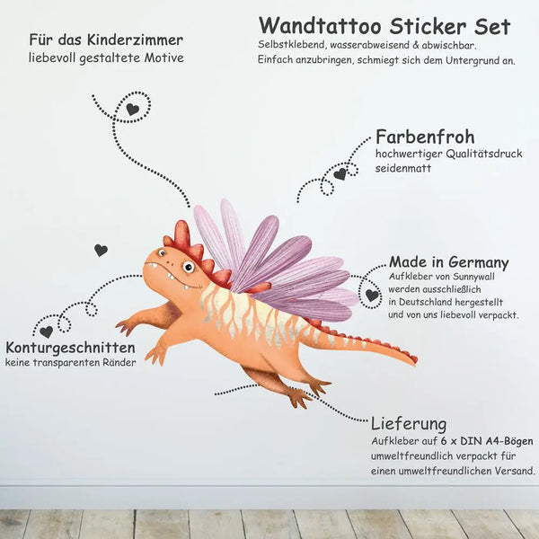Drachen Charaktere - Wandtattoo Kinderzimmer Baby Wandaufkleber - 6 x A4 Set Sunnywall