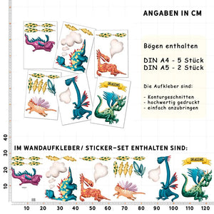 Drachen Charaktere - Wandtattoo Kinderzimmer Baby Wandaufkleber - 6 x A4 Set Sunnywall