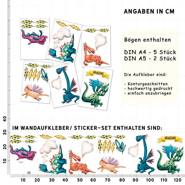 Drachen Charaktere - Wandtattoo Kinderzimmer Baby Wandaufkleber - 6 x A4 Set Sunnywall