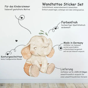 Elefant Kids - Wandtattoo Kinderzimmer Baby Wandaufkleber - 6 x A4 Set Sunnywall