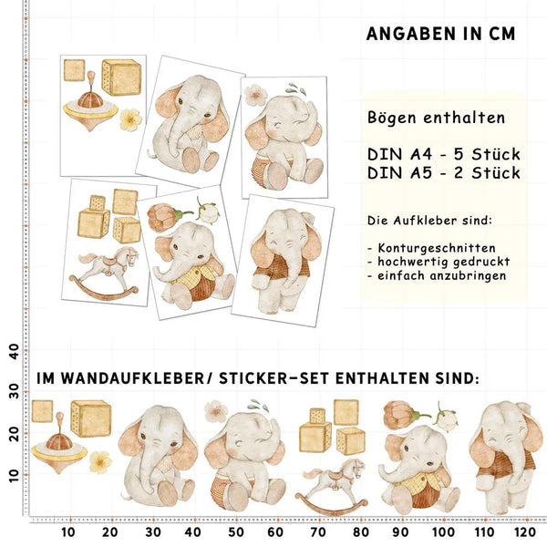 Elefant Kids - Wandtattoo Kinderzimmer Baby Wandaufkleber - 6 x A4 Set Sunnywall