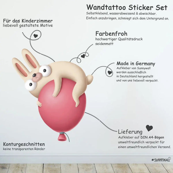 Fliegende Hasen Comic Wandsticker - Wandtattoo Kinderzimmer Baby Wandaufkleber Sunnywall