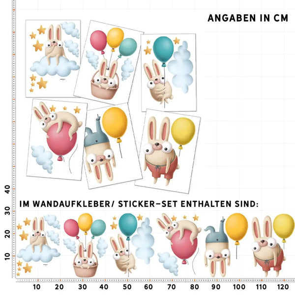 Fliegende Hasen Comic Wandsticker - Wandtattoo Kinderzimmer Baby Wandaufkleber Sunnywall