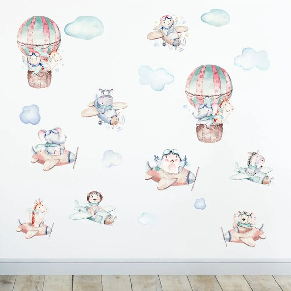 Flugzeug Piloten Tiere - Wandtattoo Kinderzimmer Baby Wandaufkleber - 3 x A4 Set Sunnywall