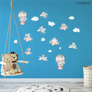 Flugzeug Piloten Tiere - Wandtattoo Kinderzimmer Baby Wandaufkleber - 3 x A4 Set Sunnywall