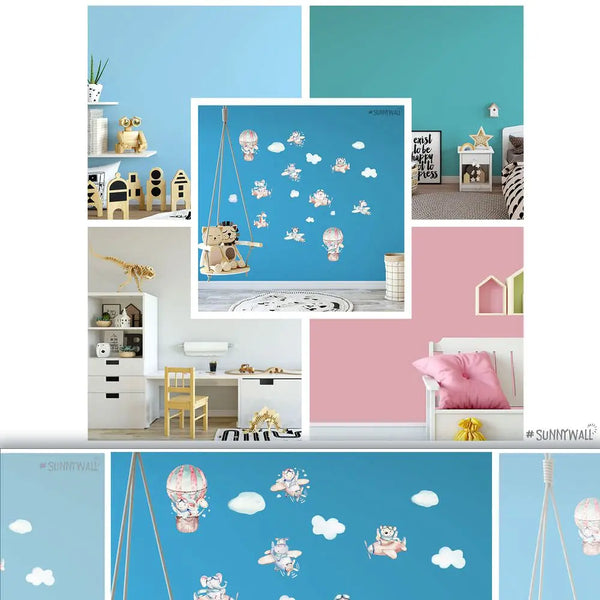 Flugzeug Piloten Tiere - Wandtattoo Kinderzimmer Baby Wandaufkleber - 3 x A4 Set Sunnywall