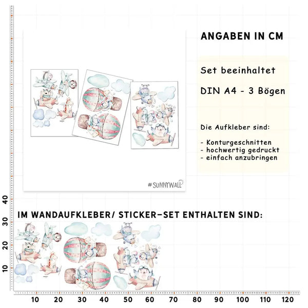 Flugzeug Piloten Tiere - Wandtattoo Kinderzimmer Baby Wandaufkleber - 3 x A4 Set Sunnywall