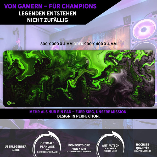 Gaming Mauspad XXL | Liquid  schwarz grün 90Degree | PREMIUM-DICKE 4 MM Sunnywall