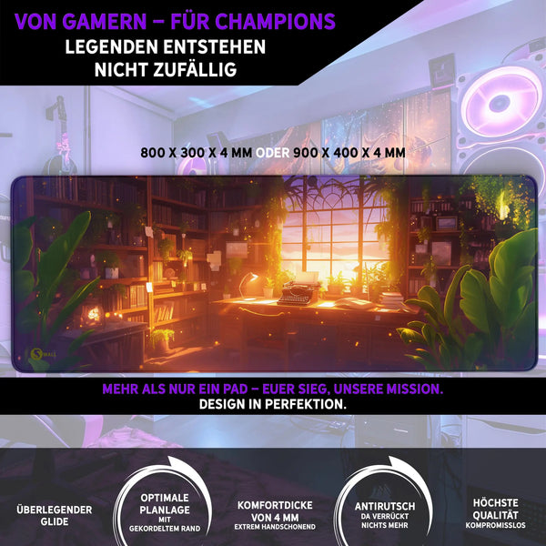 Gaming Mauspad XXL | Studierzimmer - LoFi Schreibtischunterlage  | PREMIUM-DICKE 4 MM Sunnywall