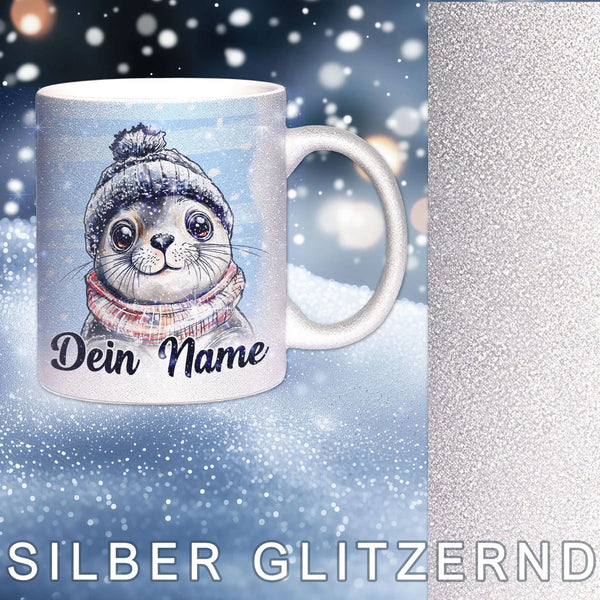 Glitzertasse - Winterliche Robbe - Wunschnamen Tasse - Weihnachten - Silber Glitzer - Personalisierbar Sunnywall