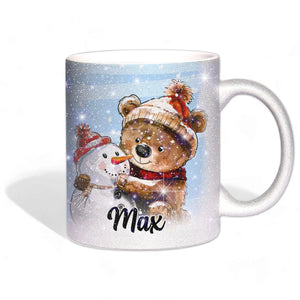Glitzertasse - Winterlicher Bär mit Schneemann - Wunschnamen Tasse - Weihnachten - Silber Glitzer Sunnywall