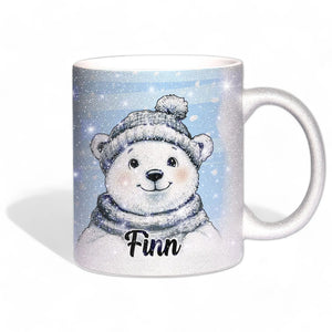 Glitzertasse - Winterlicher Eisbär - Wunschnamen Tasse - Weihnachten - Silber Glitzer Sunnywall