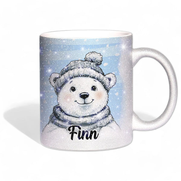 Glitzertasse - Winterlicher Eisbär - Wunschnamen Tasse - Weihnachten - Silber Glitzer Sunnywall
