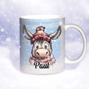Glitzertasse - Winterlicher Esel - Wunschnamen Tasse - Weihnachten - Silber Glitzer - Personalisierbar Sunnywall