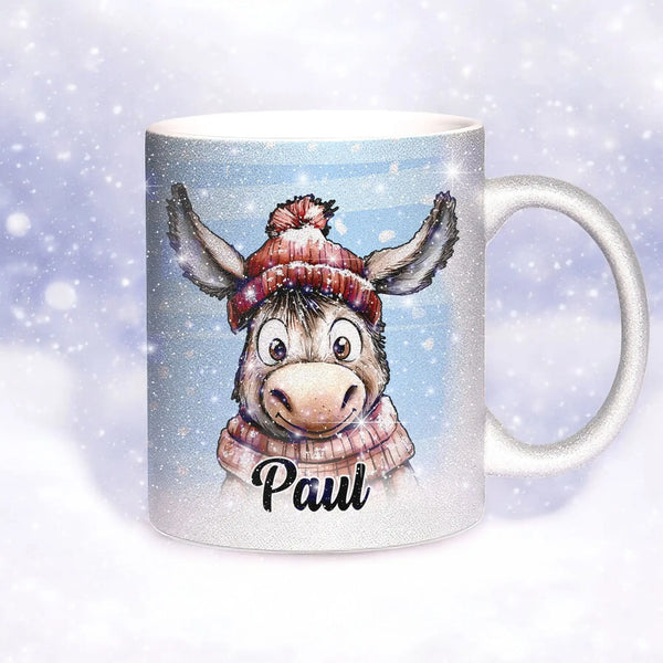 Glitzertasse - Winterlicher Esel - Wunschnamen Tasse - Weihnachten - Silber Glitzer - Personalisierbar Sunnywall