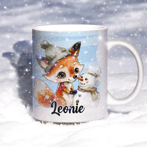 Glitzertasse - Winterlicher Fuchs mit Schneemann - Wunschnamen Tasse - Weihnachten - Silber Glitzer - Personalisierbar Sunnywall