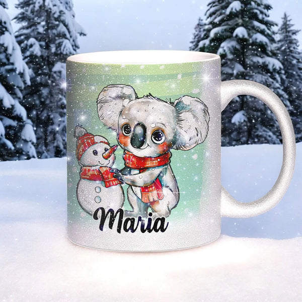 Glitzertasse - Winterlicher Koala mit Schneemann - Wunschnamen Tasse - Weihnachten - Silber Glitzer Sunnywall