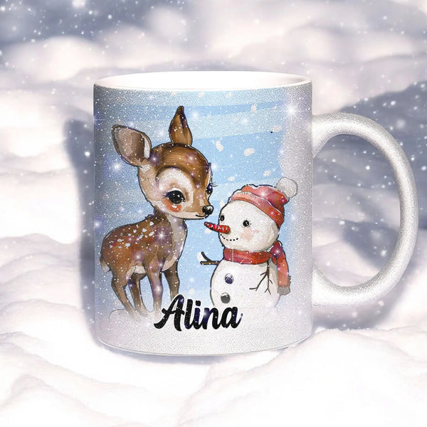 Glitzertasse - Winterliches Rehkitz mit Schneemann - Wunschnamen Tasse - Weihnachten - Silber Glitzer Sunnywall