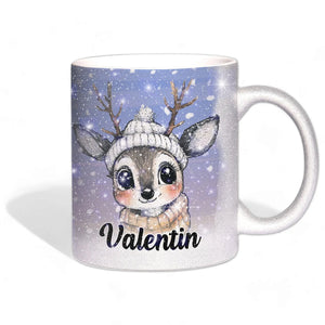 Glitzertasse - Winterliches Rentier - Wunschnamen Tasse - Weihnachten - Silber Glitzer Sunnywall