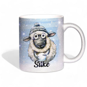 Glitzertasse - Winterliches Schaf - Wunschnamen Tasse - Weihnachten - Silber Glitzer - Personalisierbar Sunnywall