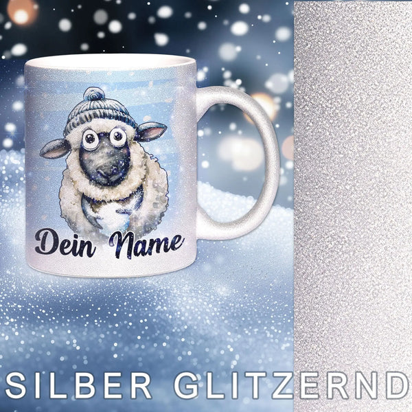 Glitzertasse - Winterliches Schaf - Wunschnamen Tasse - Weihnachten - Silber Glitzer - Personalisierbar Sunnywall