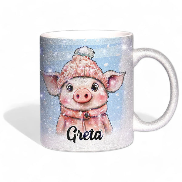 Glitzertasse - Winterliches Schweinchen - Wunschnamen Tasse - Weihnachten - Silber Glitzer - Personalisierbar Sunnywall