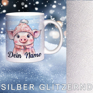 Glitzertasse - Winterliches Schweinchen - Wunschnamen Tasse - Weihnachten - Silber Glitzer - Personalisierbar Sunnywall
