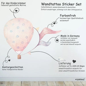 Heißluftballons - Wandtattoo Kinderzimmer Baby Wandaufkleber - 3 x A4 Set Sunnywall