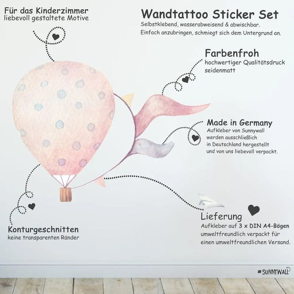 Heißluftballons - Wandtattoo Kinderzimmer Baby Wandaufkleber - 3 x A4 Set Sunnywall