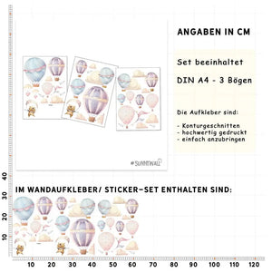 Heißluftballons - Wandtattoo Kinderzimmer Baby Wandaufkleber - 3 x A4 Set Sunnywall