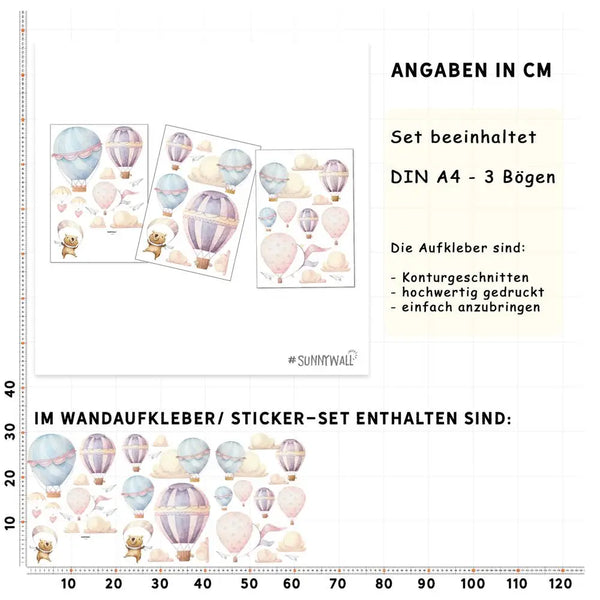 Heißluftballons - Wandtattoo Kinderzimmer Baby Wandaufkleber - 3 x A4 Set Sunnywall