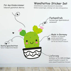 Kakteen Kaktus Charaktere - Wandtattoo Kinderzimmer Baby Wandaufkleber - 6 x A4 Set Sunnywall