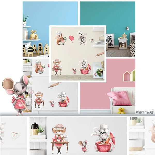 Kleine Kochstube - Herr Hase und Freunde - Wandtattoo Kinderzimmer Küche Wandaufkleber Sunnywall