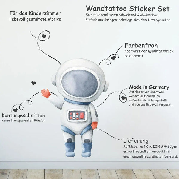 Kleiner Astronaut Weltraum - Wandtattoo Kinderzimmer Baby Wandaufkleber - 6 x A4 Set Sunnywall
