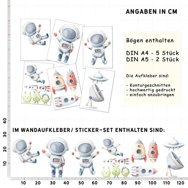 Kleiner Astronaut Weltraum - Wandtattoo Kinderzimmer Baby Wandaufkleber - 6 x A4 Set Sunnywall
