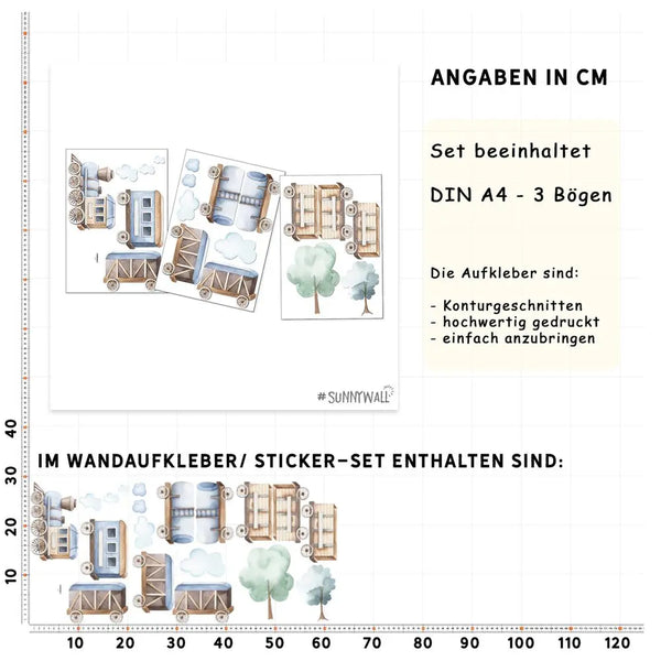 Kleiner Zug mit Waggons - Wandtattoo Kinderzimmer Baby Wandaufkleber - 3 x A4 Set Sunnywall