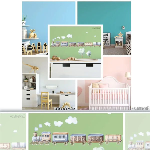 Kleiner Zug mit Waggons - Wandtattoo Kinderzimmer Baby Wandaufkleber - 3 x A4 Set Sunnywall