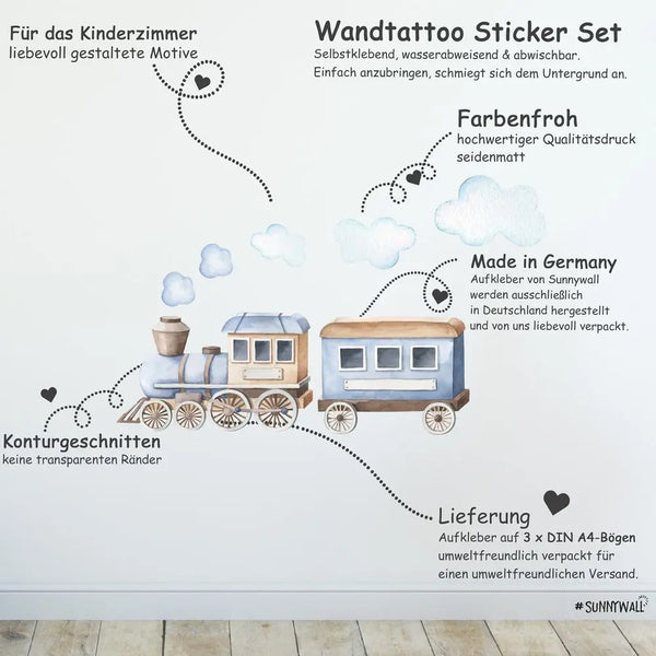 Kleiner Zug mit Waggons - Wandtattoo Kinderzimmer Baby Wandaufkleber - 3 x A4 Set Sunnywall