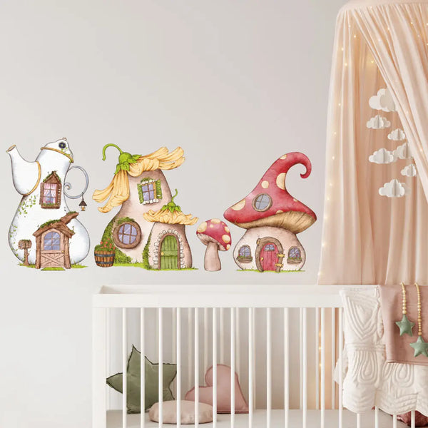 Mäuse Häuser - Pilz, Stiefel & Teekanne - Wandtattoo Kinderzimmer Wandaufkleber Babyzimmer Sunnywall