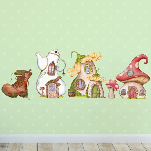 Mäuse Häuser - Pilz, Stiefel & Teekanne - Wandtattoo Kinderzimmer Wandaufkleber Babyzimmer Sunnywall