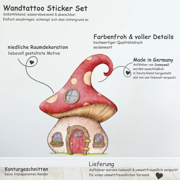 Mäuse Häuser - Pilz, Stiefel & Teekanne - Wandtattoo Kinderzimmer Wandaufkleber Babyzimmer Sunnywall