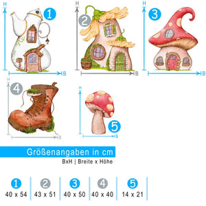 Mäuse Häuser - Pilz, Stiefel & Teekanne - Wandtattoo Kinderzimmer Wandaufkleber Babyzimmer Sunnywall